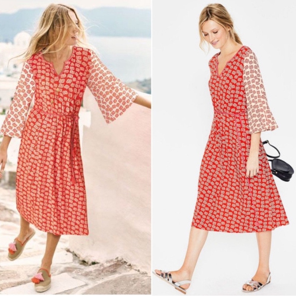 Boden Red & White Jersey Midi Dress with Tie